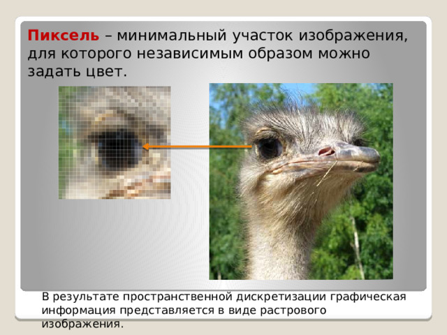 Пиксель – минимальный участок изображения, для которого независимым образом можно задать цвет. В результате пространственной дискретизации графическая информация представляется в виде растрового изображения. 