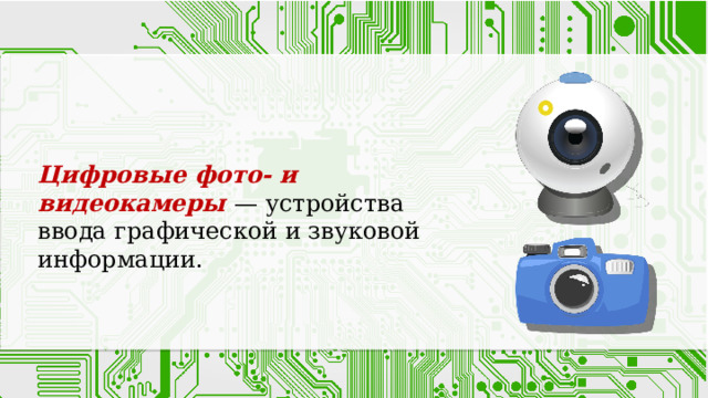 Цифровые фото- и видеокамеры — устройства ввода графической и звуковой информации. 