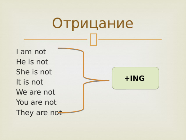 Отрицание I am not He is not She is not It is not We are not You are not They are not +ING 