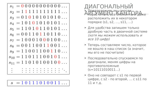 Диагональный аргумент Кантора Предположим, мы смогли пересчитать все элементы и даже расположить их в некотором порядке (s1, s2, …, s11, …) Для удобства запишем только дробную часть в двоичной системе (хотя мы можем использовать и все 10 цифр) Теперь составляем число, которое не вошло в наш список (а значит, мы его не посчитали) Последовательно спускаемся по диагонали, меняя цифры на противоположные (s=10111010011…) Оно не совпадет с s1 по первой цифре, с s2 - по второй, … с s11 по 11 и т.д. Множество [0,1] - несчетное 