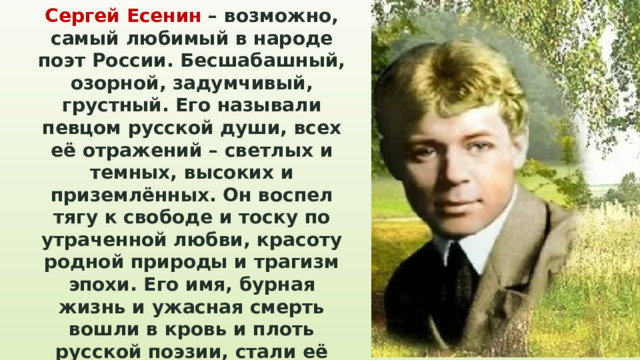Сергей Есенин – возможно, самый любимый в народе поэт России. Бесшабашный, озорной, задумчивый, грустный. Его называли певцом русской души, всех её отражений – светлых и темных, высоких и приземлённых. Он воспел тягу к свободе и тоску по утраченной любви, красоту родной природы и трагизм эпохи. Его имя, бурная жизнь и ужасная смерть вошли в кровь и плоть русской поэзии, стали её символом. 