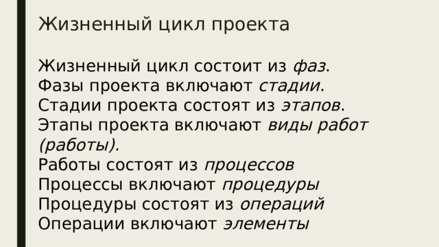 Жизненный цикл проекта Жизненный цикл состоит из фаз . Фазы проекта включают стадии . Стадии проекта состоят из этапов . Этапы проекта включают виды работ (работы). Работы состоят из процессов Процессы включают процедуры Процедуры состоят из операций Операции включают элементы 
