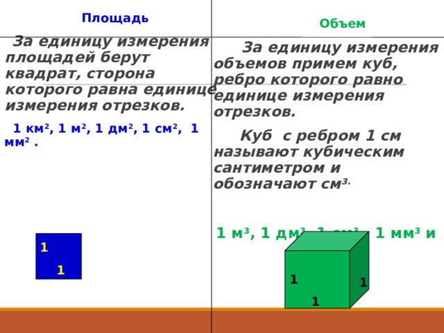  Площадь  За единицу измерения площадей берут квадрат, сторона которого равна единице измерения отрезков.  1 км 2 , 1 м 2 , 1 дм 2 , 1 см 2 , 1 мм 2 .  Объем  За единицу измерения объемов примем куб, ребро которого равно единице измерения отрезков.  Куб с ребром 1 см называют кубическим сантиметром и обозначают см 3. 1 м 3 , 1 дм 3 , 1 см 3 , 1 мм 3 и т.д. 1 1 1 1 1 