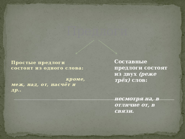 Предлоги Составные предлоги состоят из двух  (реже трёх)  слов:                                     несмотря на, в отличие от, в связи.    Простые предлоги состоят из одного слова:                                   кроме, меж, над, от, насчёт и др..     
