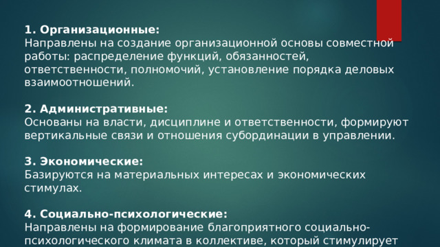 1. Организационные: Направлены на создание организационной основы совместной работы: распределение функций, обязанностей, ответственности, полномочий, установление порядка деловых взаимоотношений. 2. Административные: Основаны на власти, дисциплине и ответственности, формируют вертикальные связи и отношения субординации в управлении. 3. Экономические: Базируются на материальных интересах и экономических стимулах. 4. Социально-психологические: Направлены на формирование благоприятного социально-психологического климата в коллективе, который стимулирует инициативность, креативность и самореализацию сотрудников. 