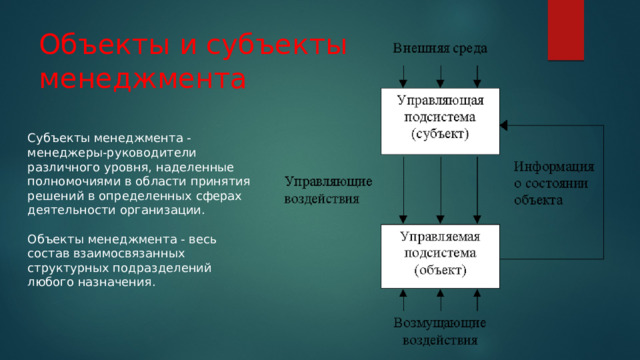 Объекты и субъекты менеджмента Субъекты менеджмента - менеджеры-руководители различного уровня, наделенные полномочиями в области принятия решений в определенных сферах деятельности организации. Объекты менеджмента - весь состав взаимосвязанных структурных подразделений любого назначения. 