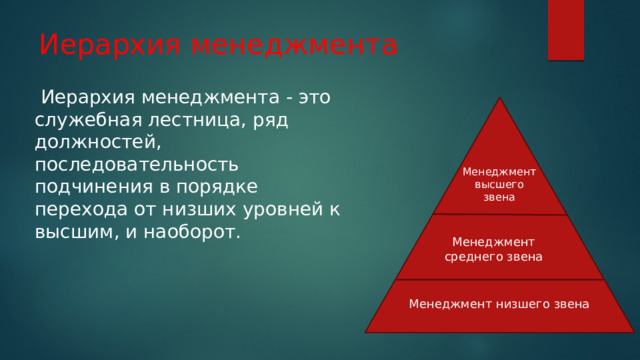 Иерархия менеджмента  Иерархия менеджмента - это служебная лестница, ряд должностей, последовательность подчинения в порядке перехода от низших уровней к высшим, и наоборот. Менеджмент высшего звена Менеджмент среднего звена Менеджмент низшего звена 