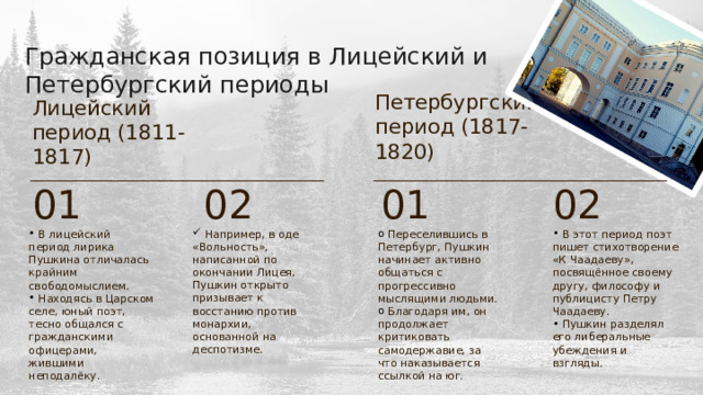 Гражданская позиция в Лицейский и Петербургский периоды Петербургский период (1817-1820) Лицейский период (1811-1817) 01 02 01 02  Например, в оде «Вольность», написанной по окончании Лицея, Пушкин открыто призывает к восстанию против монархии, основанной на деспотизме.  В лицейский период лирика Пушкина отличалась крайним свободомыслием.  Находясь в Царском селе, юный поэт, тесно общался с гражданскими офицерами, жившими неподалёку.  Переселившись в Петербург, Пушкин начинает активно общаться с прогрессивно мыслящими людьми.  Благодаря им, он продолжает критиковать самодержавие, за что наказывается ссылкой на юг.  В этот период поэт пишет стихотворение «К Чаадаеву», посвящённое своему другу, философу и публицисту Петру Чаадаеву.  Пушкин разделял его либеральные убеждения и взгляды. 
