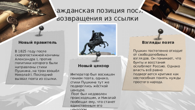 Гражданская позиция после возвращения из ссылки Новый правитель Взгляды поэта  В 1825 году после скоропостижной кончины Александра I, против политики которого были направлены стихи Пушкина, на трон взошёл Николай I. Последний вызвал поэта из ссылки. Пушкин постепенно отходит от свободолюбивых взглядов. Он понимает, что бунты и восстания ослабляют Россию. Однако власть всё равно подвергается критике как неспособная понять нужды простого народа.  Новый цензор  Император был восхищен гением поэта, однако, стихи Пушкина тут же подверглись жёсткой цензуре.  Поэт был недоволен происходящим, и Николай пообещал ему, что станет единственным его цензором. 