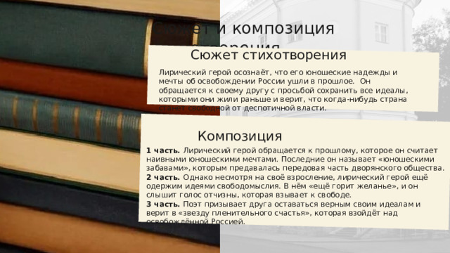 Сюжет и композиция стихотворения Сюжет стихотворения Лирический герой осознаёт, что его юношеские надежды и мечты об освобождении России ушли в прошлое. Он обращается к своему другу с просьбой сохранить все идеалы, которыми они жили раньше и верит, что когда-нибудь страна станет свободной от деспотичной власти. Композиция 1 часть. Лирический герой обращается к прошлому, которое он считает наивными юношескими мечтами. Последние он называет «юношескими забавами», которым предавалась передовая часть дворянского общества. 2 часть. Однако несмотря на своё взросление, лирический герой ещё одержим идеями свободомыслия. В нём «ещё горит желанье», и он слышит голос отчизны, которая взывает к свободе. 3 часть. Поэт призывает друга оставаться верным своим идеалам и верит в «звезду пленительного счастья», которая взойдёт над освобождённой Россией. 