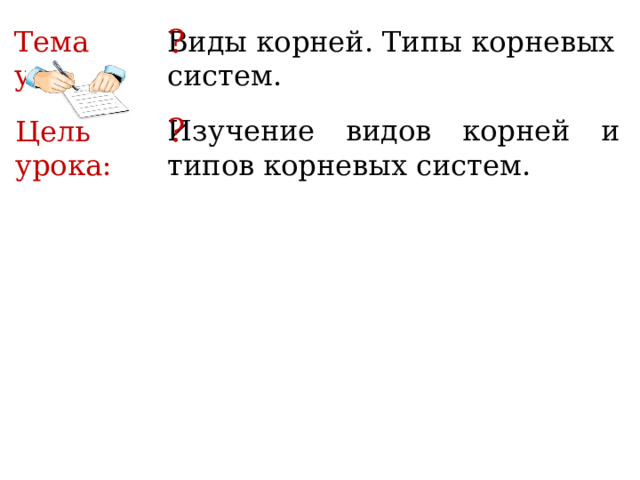 ? Тема урока: Виды корней. Типы корневых систем. ? Изучение видов корней и типов корневых систем. Цель урока: Вставить картинки с различными корнями Одинаковые ли корни?  