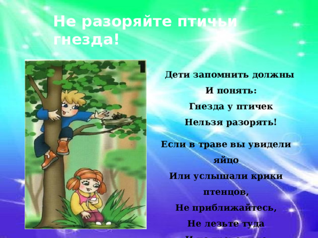 Не разоряйте птичьи гнезда! Дети запомнить должны И понять: Гнезда у птичек Нельзя разорять! Если в траве вы увидели яйцо Или услышали крики птенцов, Не приближайтесь, Не лезьте туда И не тревожьте Ни птиц, ни гнезда. 