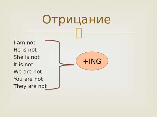 Отрицание I am not He is not She is not It is not We are not You are not They are not +ING 