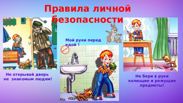 Правила личной безопасности Мой руки перед едой ! Не открывай дверь не знакомым людям! Не бери в руки колющие и режущие предметы! 