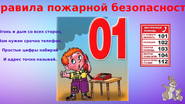 Правила пожарной безопасности Огонь и дым со всех сторон,  Нам нужен срочно телефон,  Простые цифры набирай  И адрес точно называй. 