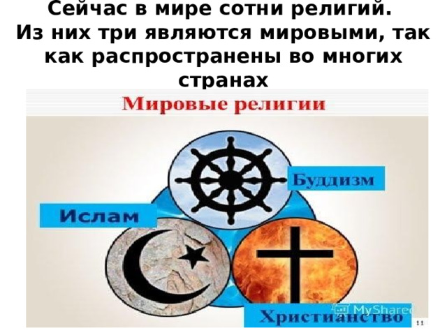 Сейчас в мире сотни религий.  Из них три являются мировыми, так как распространены во многих странах 