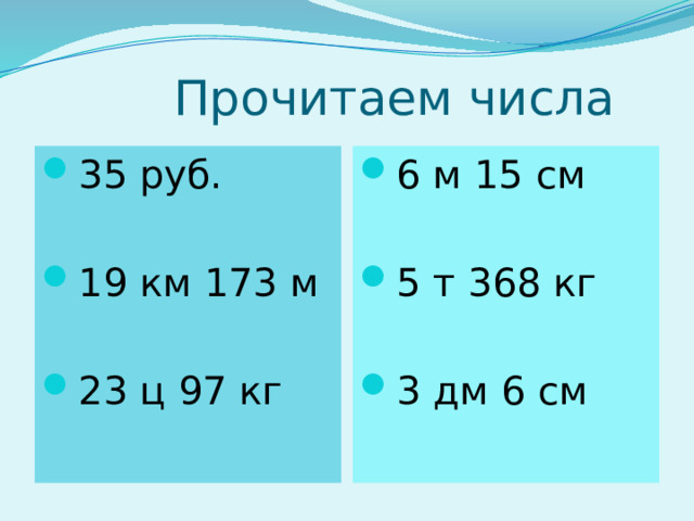  Прочитаем числа 35 руб. 6 м 15 см 19 км 173 м 5 т 368 кг 23 ц 97 кг 3 дм 6 см 