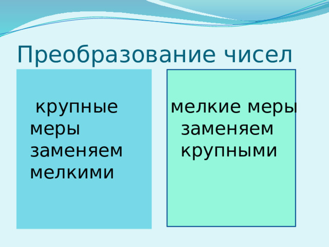 Преобразование чисел  крупные меры заменяем мелкими мелкие меры заменяем крупными 