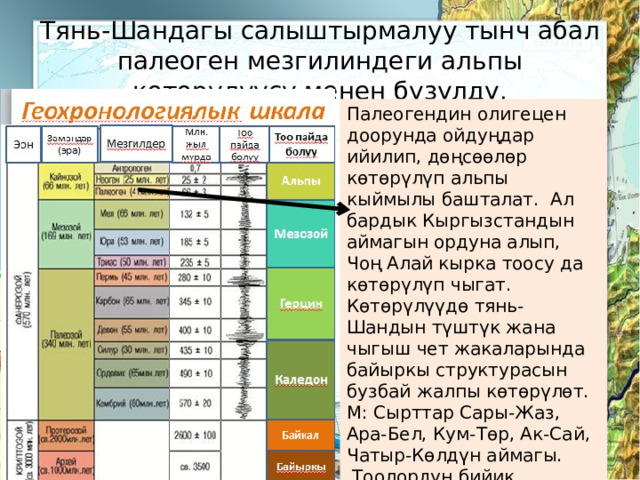 Тянь-Шандагы салыштырмалуу тынч абал палеоген мезгилиндеги альпы көтөрүлүүсү менен бузулду. Палеогендин олигецен доорунда ойдуңдар ийилип, дөңсөөлөр көтөрүлүп альпы кыймылы башталат. Ал бардык Кыргызстандын аймагын ордуна алып, Чоң Алай кырка тоосу да көтөрүлүп чыгат. Көтөрүлүүдө тянь-Шандын түштүк жана чыгыш чет жакаларында байыркы структурасын бузбай жалпы көтөрүлөт. М: Сырттар Сары-Жаз, Ара-Бел, Кум-Төр, Ак-Сай, Чатыр-Көлдүн аймагы.  Тоолордун бийик көтөрүлүшү алгачкы мөңгүлөрдүн пайда болушуна алып келди. 