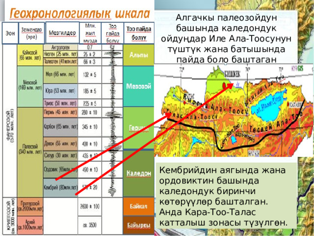 Алгачкы палеозойдун башында каледондук ойдуңдар Иле Ала-Тоосунун түштүк жана батышында пайда боло баштаган Кембрийдин аягында жана ордовиктин башында каледондук биринчи көтөрүүлөр башталган. Анда Кара-Тоо-Талас катталыш зонасы түзүлгөн. 