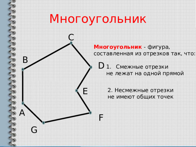 Многоугольник С Многоугольник - фигура, составленная из отрезков так, что: В D Смежные отрезки не лежат на одной прямой E 2. Несмежные отрезки не имеют общих точек А F G 