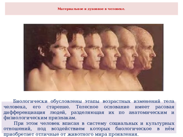  Материальное и духовное в человеке.    Биологически обусловлены этапы возрастных изменений тела человека, его старение. Телесное основание имеет расовая дифференциация людей, разделяющая их по анатомическим и физиологическим признакам.  При этом человек вписан в систему социальных и культурных отношений, под воздействием которых биологическое в нём приобретает отличные от животного мира проявления. 
