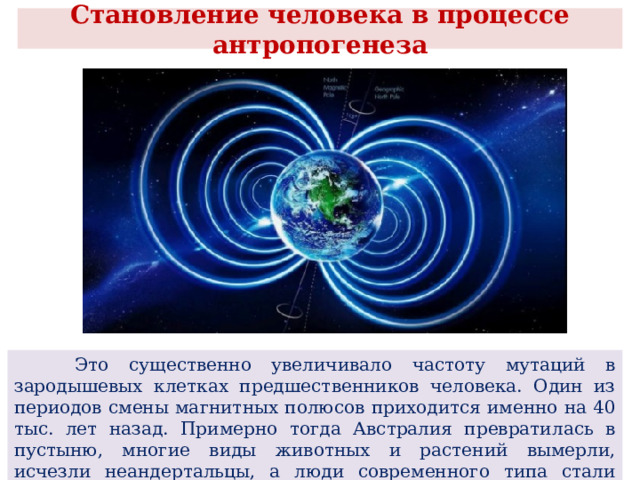  Становление человека в процессе антропогенеза    Это существенно увеличивало частоту мутаций в зародышевых клетках предшественников человека. Один из периодов смены магнитных полюсов приходится именно на 40 тыс. лет назад. Примерно тогда Австралия превратилась в пустыню, многие виды животных и растений вымерли, исчезли неандертальцы, а люди современного типа стали жить в пещерах. 