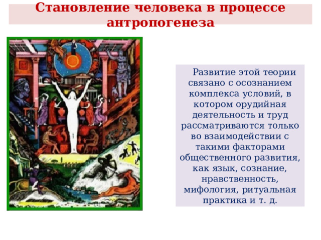  Становление человека в процессе антропогенеза    Развитие этой теории связано с осознанием комплекса условий, в котором орудийная деятельность и труд рассматриваются только во взаимодействии с такими факторами общественного развития, как язык, сознание, нравственность, мифология, ритуальная практика и т. д. 