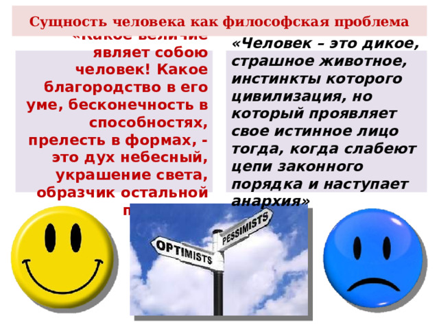 Сущность человека как философская проблема «Какое величие являет собою человек! Какое благородство в его уме, бесконечность в способностях, прелесть в формах, - это дух небесный, украшение света, образчик остальной природы» «Человек – это дикое, страшное животное, инстинкты которого цивилизация, но который проявляет свое истинное лицо тогда, когда слабеют цепи законного порядка и наступает анархия» 