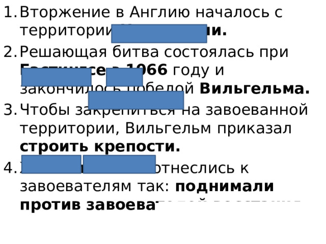 Вторжение в Англию началось с территории Нормандии. Решающая битва состоялась при Гастингсе в 1066 году и закончилось победой Вильгельма. Чтобы закрепиться на завоеванной территории, Вильгельм приказал строить крепости. Жители Англии отнеслись к завоевателям так: поднимали против завоевателей восстания. 