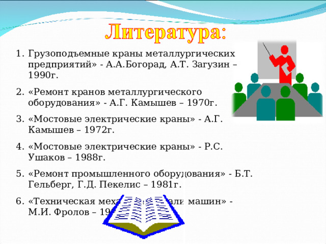 Грузоподъемные краны металлургических предприятий» - А.А.Богорад, А.Т. Загузин – 1990г. «Ремонт кранов металлургического оборудования» - А.Г. Камышев – 1970г. «Мостовые электрические краны» - А.Г. Камышев – 1972г. «Мостовые электрические краны» - Р.С. Ушаков – 1988г. «Ремонт промышленного оборудования» - Б.Т. Гельберг, Г.Д. Пекелис – 1981г. «Техническая механика. Детали машин» - М.И. Фролов – 1990г. 