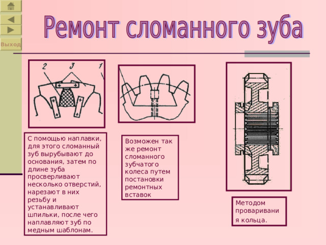 Выход С помощью наплавки, для этого сломанный зуб вырубывают до основания, затем по длине зуба просверливают несколько отверстий, нарезают в них резьбу и устанавливают шпильки, после чего наплавляют зуб по медным шаблонам. Возможен так же ремонт сломанного зубчатого колеса путем постановки ремонтных вставок Методом проваривания кольца.  