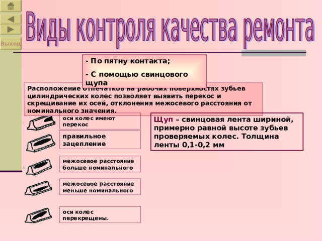Выход - По пятну контакта; - С помощью свинцового щупа Расположение отпечатков на рабочих поверхностях зубьев цилиндрических колес позволяет выявить перекос и скрещивание их осей, отклонения межосевого расстояния от номинального значения. оси колес имеют перекос Щуп – свинцовая лента шириной, примерно равной высоте зубьев проверяемых колес. Толщина ленты 0,1-0,2 мм правильное зацепление межосевое расстояние больше номинального межосевое расстояние меньше номинального оси колес перекрещены. 
