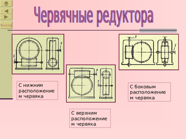 Выход С нижним расположением червяка С боковым расположением червяка С верхним расположением червяка 