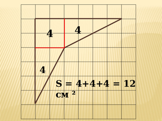 4  4 4 S = 4+4+4 = 12 см ² 