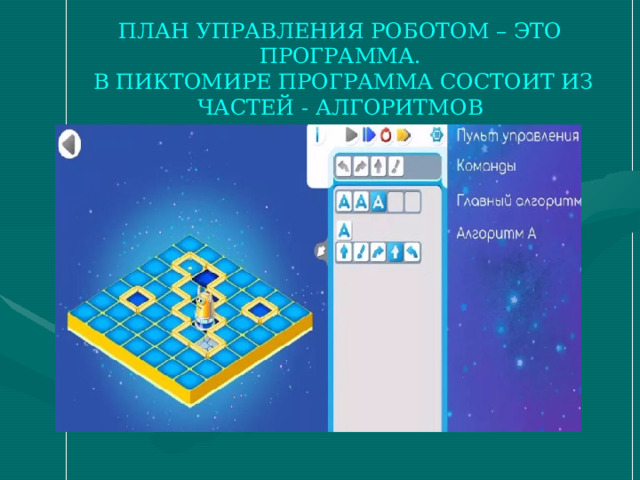 ПЛАН УПРАВЛЕНИЯ РОБОТОМ – ЭТО ПРОГРАММА.  В ПИКТОМИРЕ ПРОГРАММА СОСТОИТ ИЗ ЧАСТЕЙ - АЛГОРИТМОВ 