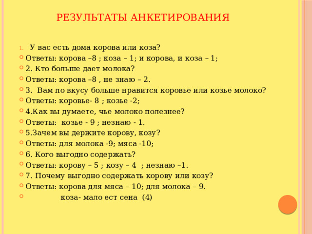 Результаты анкетирования   У вас есть дома корова или коза? Ответы: корова –8 ; коза – 1; и корова, и коза – 1; 2. Кто больше дает молока? Ответы: корова –8 , не знаю – 2. 3. Вам по вкусу больше нравится коровье или козье молоко? Ответы: коровье- 8 ; козье -2; 4.Как вы думаете, чье молоко полезнее? Ответы: козье - 9 ; незнаю - 1. 5.Зачем вы держите корову, козу? Ответы: для молока -9; мяса -10; 6. Кого выгодно содержать? Ответы: корову – 5 ; козу – 4 ; незнаю –1. 7. Почему выгодно содержать корову или козу? Ответы: корова для мяса – 10; для молока – 9.  коза- мало ест сена (4) 