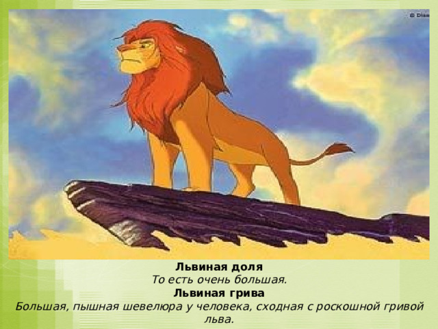  Львиная доля То есть очень большая. Львиная грива Большая, пышная шевелюра у человека, сходная с роскошной гривой льва. 
