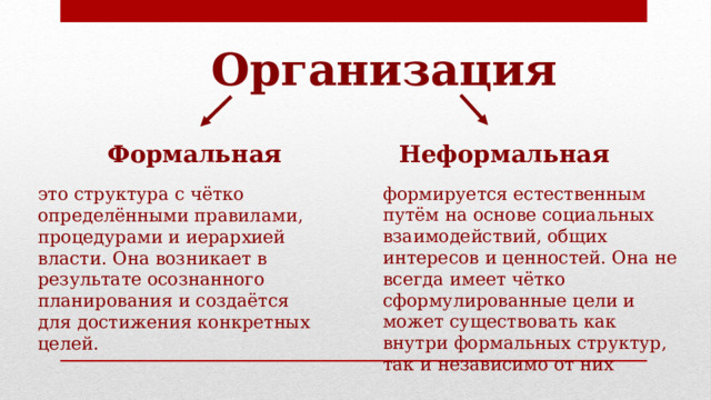 Организация Формальная Неформальная   формируется естественным путём на основе социальных взаимодействий, общих интересов и ценностей. Она не всегда имеет чётко сформулированные цели и может существовать как внутри формальных структур, так и независимо от них это структура с чётко определёнными правилами, процедурами и иерархией власти. Она возникает в результате осознанного планирования и создаётся для достижения конкретных целей. 