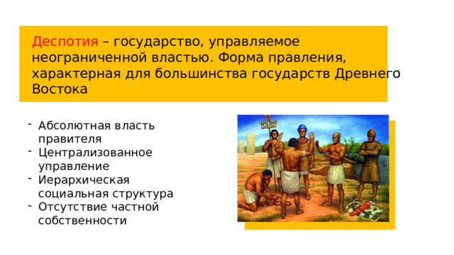 Деспотия – государство, управляемое неограниченной властью. Форма правления, характерная для большинства государств Древнего Востока Абсолютная власть правителя Централизованное управление Иерархическая социальная структура Отсутствие частной собственности 
