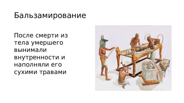 Бальзамирование После смерти из тела умершего вынимали внутренности и наполняли его сухими травами 