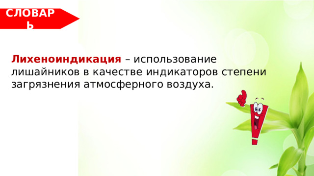 СЛОВАРЬ Лихеноиндикация – использование лишайников в качестве индикаторов степени загрязнения атмосферного воздуха. 