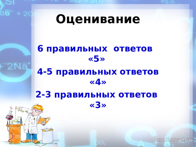 Оценивание 6 правильных ответов «5» 4-5 правильных ответов «4» 2-3 правильных ответов «3»  