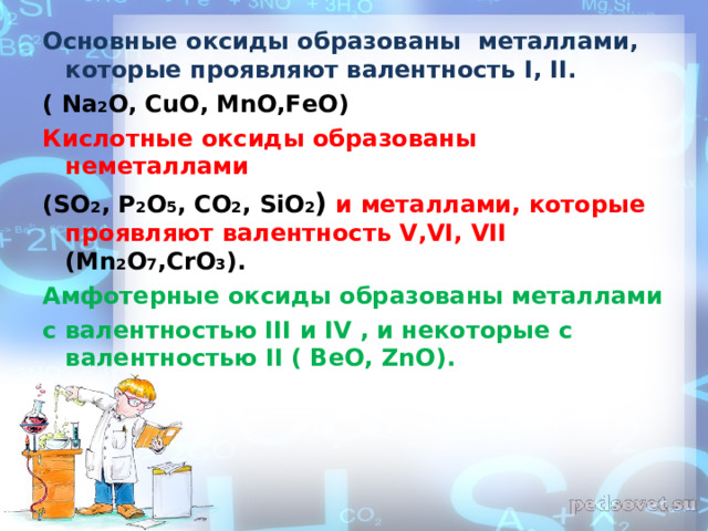 Основные оксиды образованы  металлами, которые проявляют валентность I , II . ( Na 2 O, CuO, MnO,FeO ) Кислотные оксиды образованы неметаллами ( SO 2 , P 2 O 5 , CO 2 , SiO 2 ) и металлами, которые проявляют валентность V , VI , VII  (М n 2 O 7 ,С rO 3 ) . Амфотерные оксиды образованы металлами с валентностью III и IV , и некоторые с валентностью II ( BeО, ZnО). 