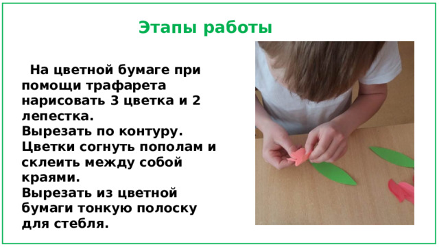 Этапы работы  На цветной бумаге при помощи трафарета нарисовать 3 цветка и 2 лепестка. Вырезать по контуру. Цветки согнуть пополам и склеить между собой краями. Вырезать из цветной бумаги тонкую полоску для стебля. 