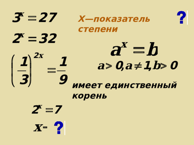X— показатель степени имеет единственный корень Показатель степени—это число, в которое надо возвести а , чтобы получить b .  