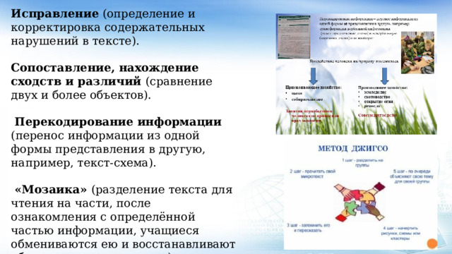 Исправление (определение и корректировка содержательных нарушений в тексте). Сопоставление, нахождение сходств и различий (сравнение двух и более объектов).  Перекодирование информации (перенос информации из одной формы представления в другую, например, текст-схема).  «Мозаика» (разделение текста для чтения на части, после ознакомления с определённой частью информации, учащиеся обмениваются ею и восстанавливают общее содержание текста). Составление списка (перечисление объектов, связанных с определённой темой). 