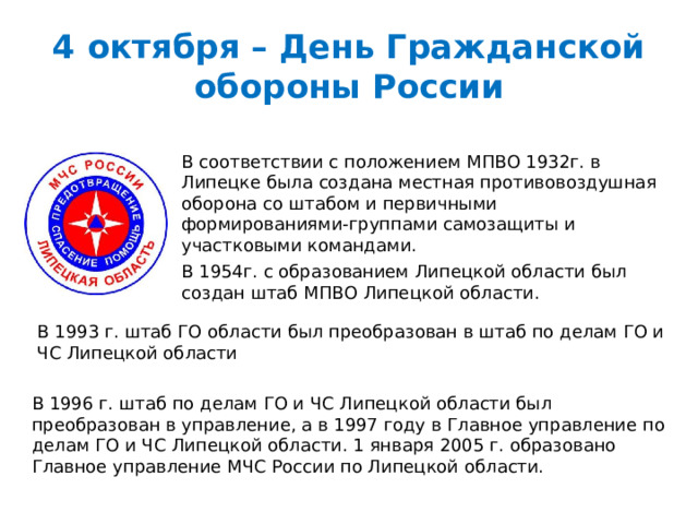 4 октября – День Гражданской обороны России В соответствии с положением МПВО 1932г. в Липецке была создана местная противовоздушная оборона со штабом и первичными формированиями-группами самозащиты и участковыми командами. В 1954г. с образованием Липецкой области был создан штаб МПВО Липецкой области. В 1993 г. штаб ГО области был преобразован в штаб по делам ГО и ЧС Липецкой области В 1996 г. штаб по делам ГО и ЧС Липецкой области был преобразован в управление, а в 1997 году в Главное управление по делам ГО и ЧС Липецкой области. 1 января 2005 г. образовано Главное управление МЧС России по Липецкой области. 