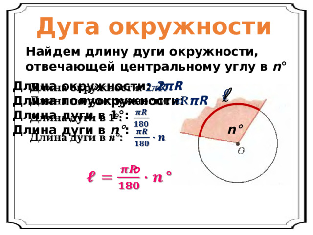 Дуга окружности Найдем длину дуги окружности, отвечающей центральному углу в n ° Длина окружности: 2πR   Длина полуокружности: πR Длина дуги в 1°: Длина дуги в n° :   n° °   