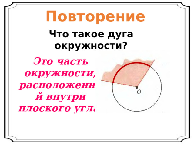 Повторение Что такое дуга окружности? Это часть окружности, расположенной внутри плоского угла. 